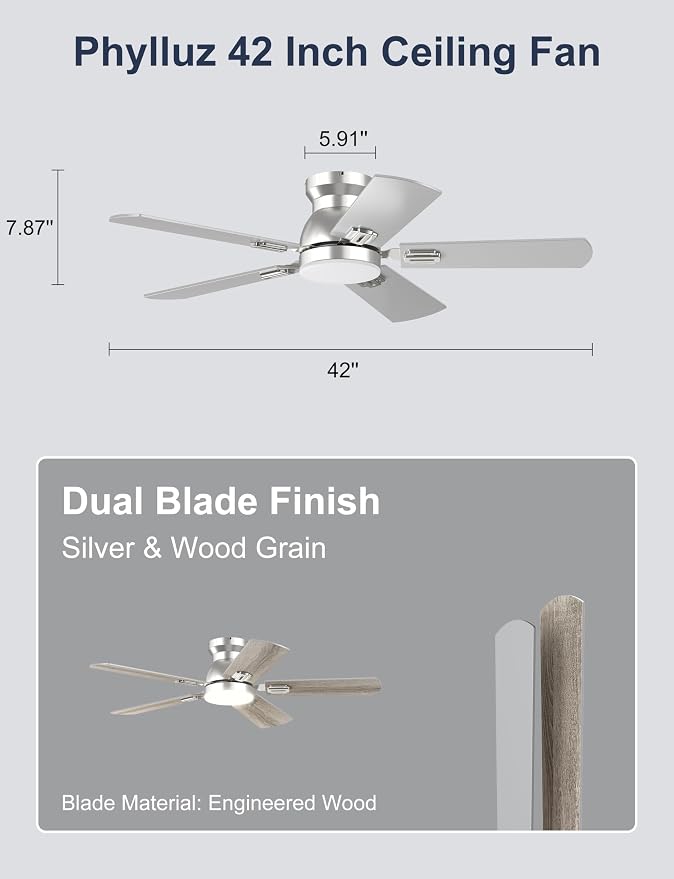42'' Silver Low Profile Ceiling Fan with Lights for Kids Room | App/Remote Control, Flush Mount, Space-Saving, Quiet DC Motor, 3CCT Dimmable, 6 Speeds Modern Overhead Fan for Low Ceilings