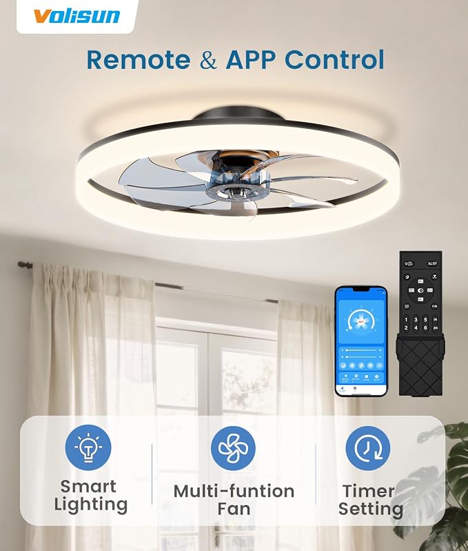 VOLISUN Low Profile Ceiling Fans with Lights and Remote, 24in Fandelier Ceiling Fan Flush Mount, 3000K-6500K Smart Bladeless LED Fan Light, Black Modern Ceiling Fans with Lights for Bedroom