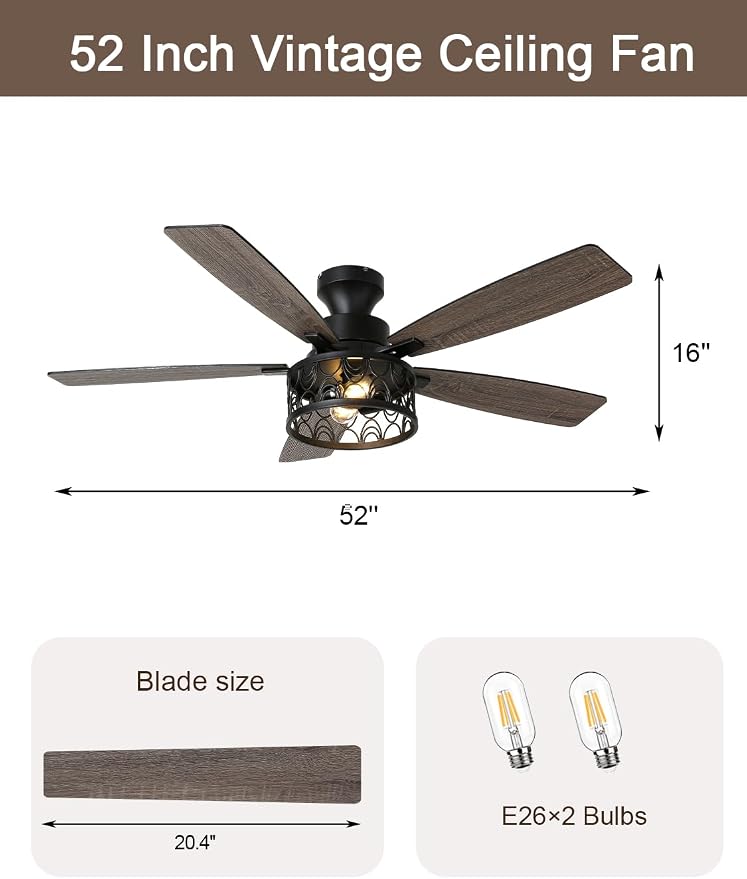 52" Farmhouse Ceiling Fan with Lights Flush Mount Metal Caged | Remote Control Rustic Fandelier, Low Profile Chandelier Fan for Bedroom Dining Room, 5 Dual Blades, Reversible Quiet DC Motor