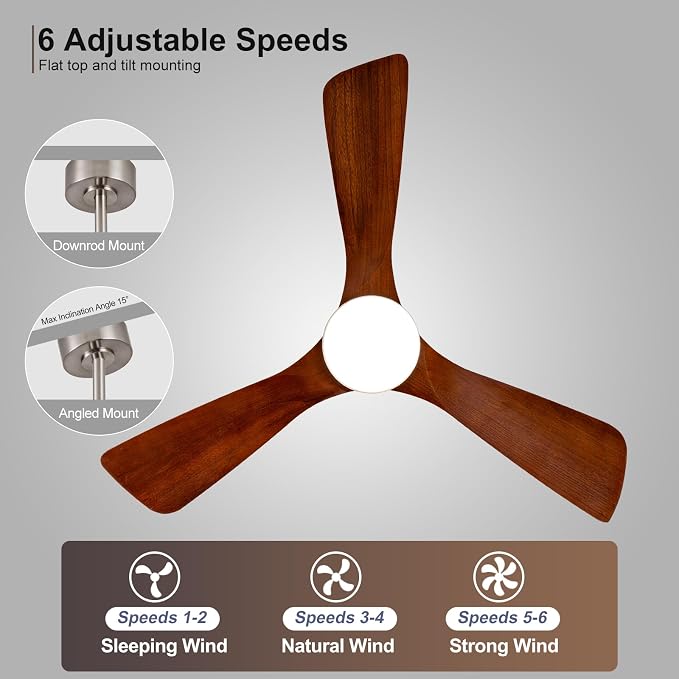 42 Inch Wood Ceiling Fans with Lights and Remote, Brushed Nickel Outdoor Ceiling Fan with Light, Dimmable 3 Blades Outdoor Fans for Patios Noiseless Modern Ceiling Fans for Bedroom Living Room