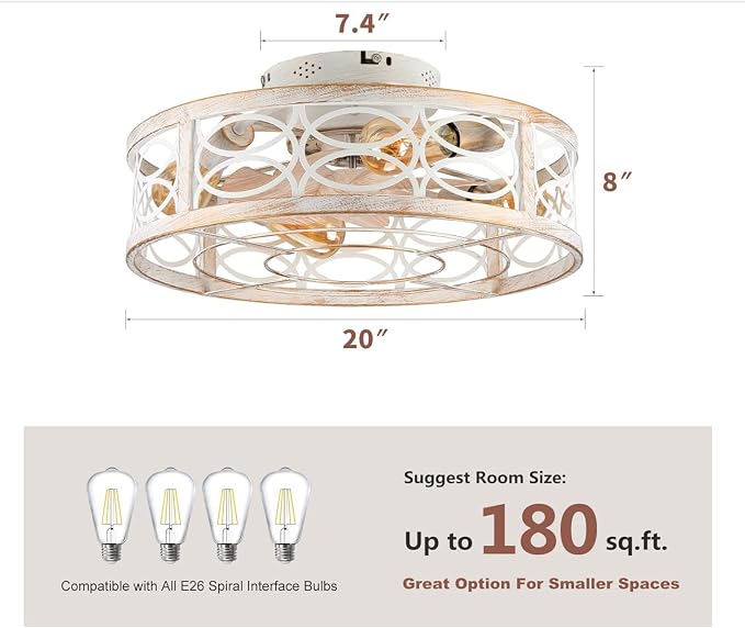 20" Caged Ceiling Fan With Light And Remote，bladeless Ceiling Fan 6 Speed Reversible With 4 Bulbs and Remote Control. With Lights for Bedroom, Dining Room