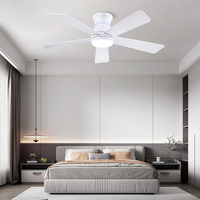 Surtime 46" White Ceiling Fans with RGB Lights - Flush Mount Ceiling Fan Light with LED 3CCT Dimmable, Modern Low Profile Ceiling Fans for Indoor Party,Covered Outdoor