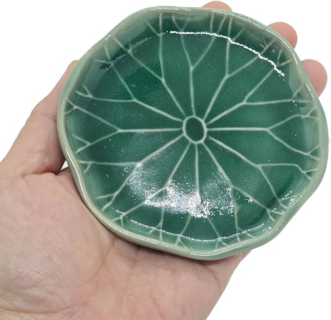 Tiny 4" Dark Green Lotus Leaf Shaped Tray - Handmade Ceramic Porcelain Decorative Plate Dish Catchall Miniature Container for Jewelry Personal Items Incense Holders Trays Décor Gifts