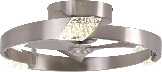 20" Low Profile Nickel Caged Ceiling Fan with Light and Remote - Modern Flush Mount Ceiling Fan, DC Motor, 3CCT, Timer, Unique Silver Fandelier Ceiling Fans for Bedroom Kitchen Living Room