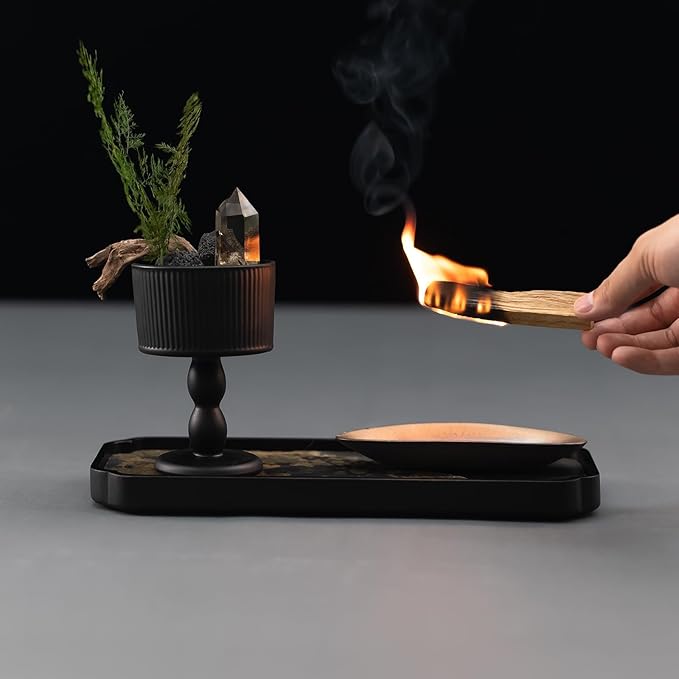 Zen Heal Tabletop Ritual Set – Goblet with Citrine, Preserved Fern & Dehua Gold-Glazed Teacup, Bamboo Tray & Palo Santo | Meditation Décor, Feng Shui Crystal Gift Box for Home or Office