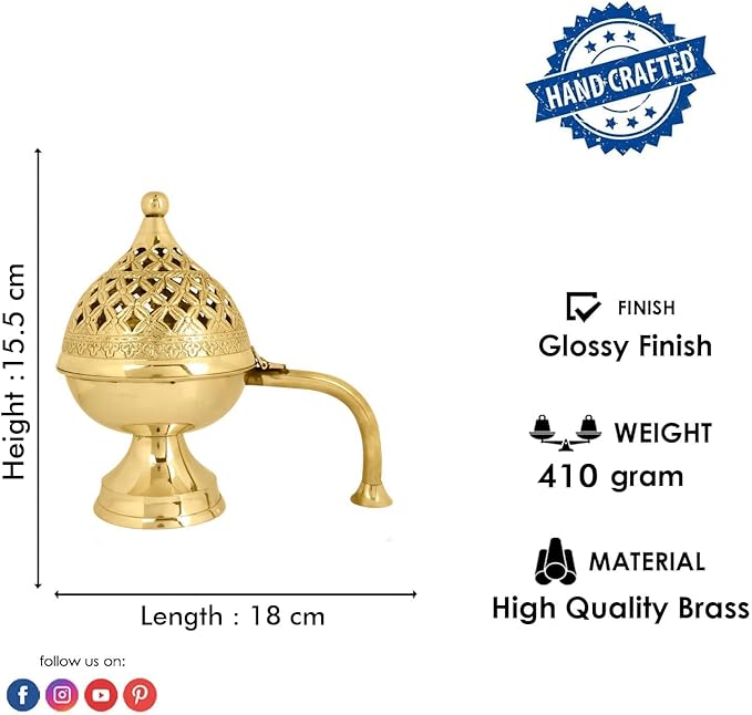 SATVIK 1 Pc Pure Brass Antique Incense Holder Dhuni Burner with Long Brass Handle Handheld Puja Dhuna Loban Burner Pooja Agarbatti Dhoop Pot Dhuni Stand Indian Housewarming Return Gift Items Bulk