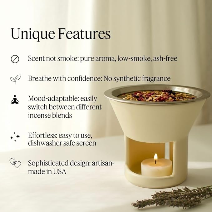 Soul Space Non Toxic Incense Holder/Burner & Incense Blends Starter Bundle| Scent Not Smoke: Zero Ash, Pure Aroma, Low-Smoke - Perfect for Heating Natural and Organic Incense | Color: Cream