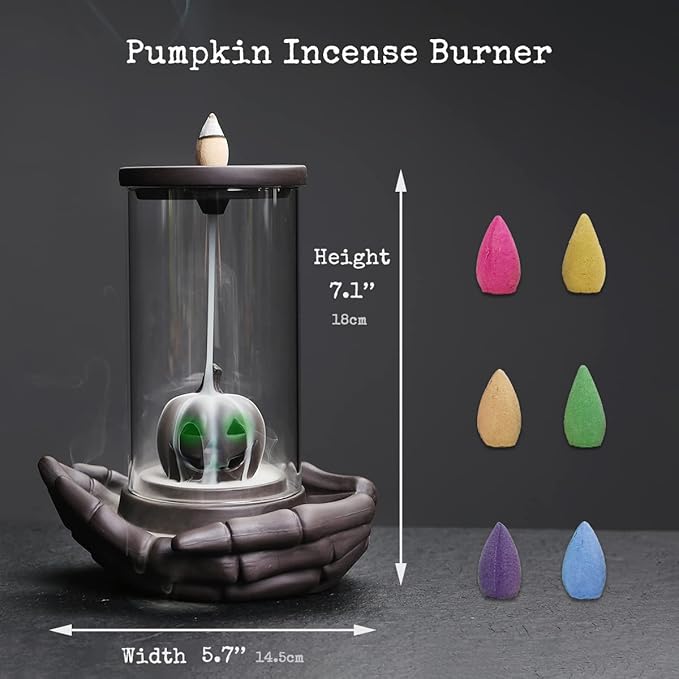 Pumpkin Incense Burner Holder - Backflow Waterfall Cone Incense Holder, LED Ceramic Unique Claw Incense Burner with 15 Incense Cones for Halloween/Aromatherapy/Yoga/Home/Room/Office Deco