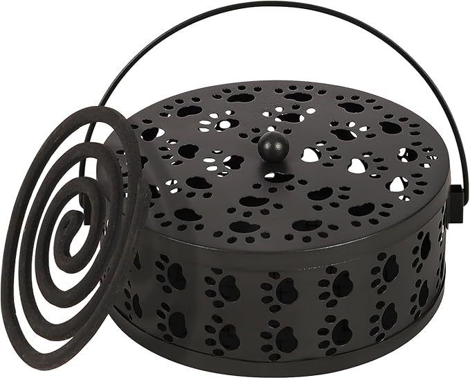 Portable Mosquito Coil Holder, Iron Mosquito Incense Holder with Handle for Home, Office, Camping with Cat Paw Cutout Design (Black)