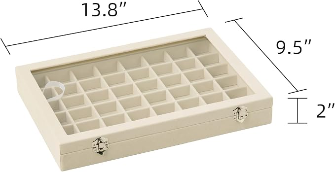 Frebeauty 48 Grid Earring Organizer,Velvet Jewelry Tray with Clear Lid | Drawer Jewelry Organizer for Rings Studs Beads,Adjustable Dividers,Dustproof,Earring Storage,Trinket Box,13.8×9.5Inches