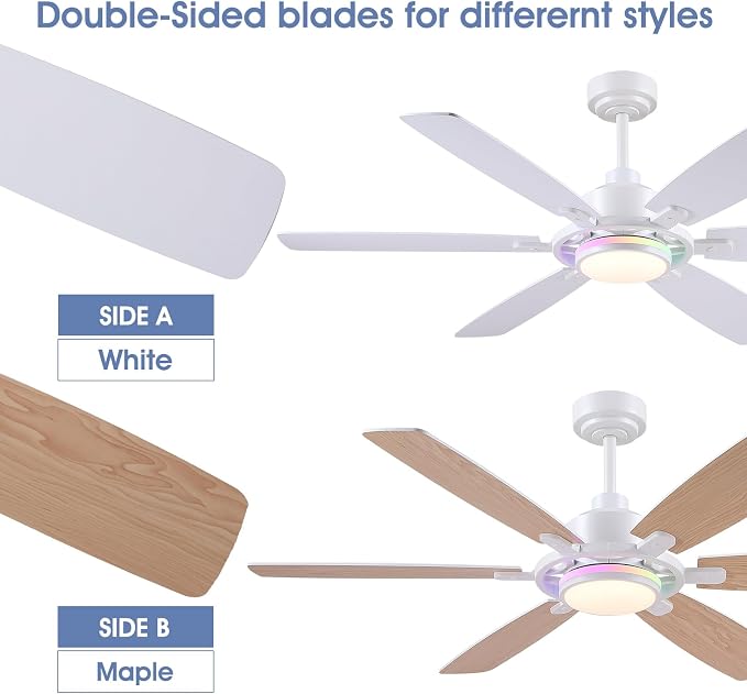 SHIHOT 54" Modern 6-Blade White RGB Ceiling Fans with Lights and Remote | 14 RGB Modes ,6 Wind Speeds, Reversible, Dimmable 3 CCT LED, 30W Quiet DC Motor,6 Double-Sided Blades,for Bedroom Kidsroom