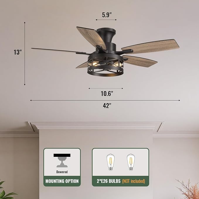 42 Inch Flush Mount Ceiling Fans with Lights and Remote, Farmhouse Low Profile Ceiling Fan with LED Lighting for Bedroom Living Room and Patio, Black Caged Ceiling Fan for Indoor and Outdoor(NO Bulbs)