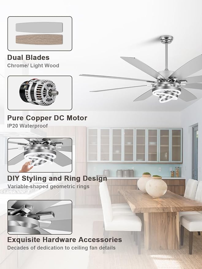 Bella Depot 72 Inch Large Ceiling Fan with Light, Modern Chandelier Fan with Remote APP Control, 6-Speed, Dimmable, Reversible, Timing Option - Ideal for Bedroom Living Room, Garage, and Covered Patio
