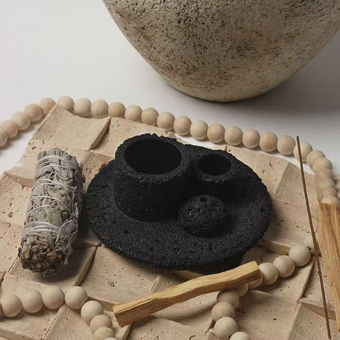 4 in 1 Cement Holder for Incense Sticks/Palo Santo/Sage Sticks/Candle (Black)