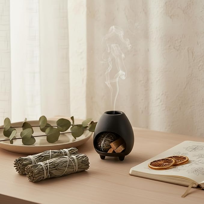 Palo Santo Holder Burner, Handcrafted Ceramic Incense Holder Burner and Ash Catcher for Palo Santo Sticks or sage Bundles, Smudge Bowl, Meditation Home Decor (Black)