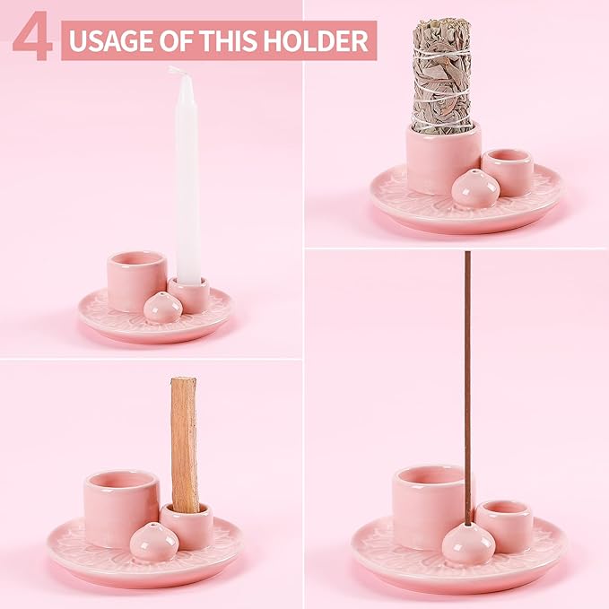 Palo Santo Sticks Holder, Multi-Purpose Handmade Ceramic Incense Burner for Palo Santo Incense Sticks, Sage Holder for Burning, Ash Catcher Tray for Meditation Yoga Room (Pink)