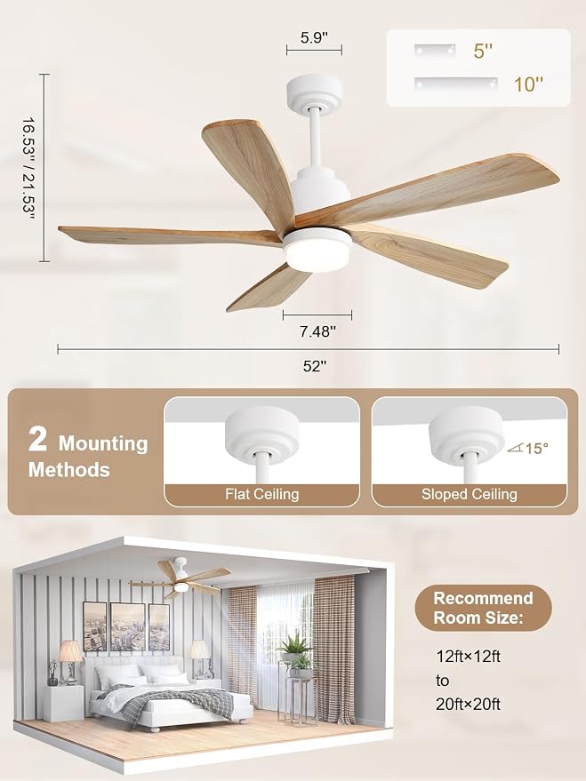 Sofucor Smart Ceiling Fan with Lights and Remote, 52 Inch Modern Wood Ceiling Fan for Indoor Farmhouse Bedroom Living Room Outdoor Patio Porch, Compatible with Alexa/App/Google Assistant