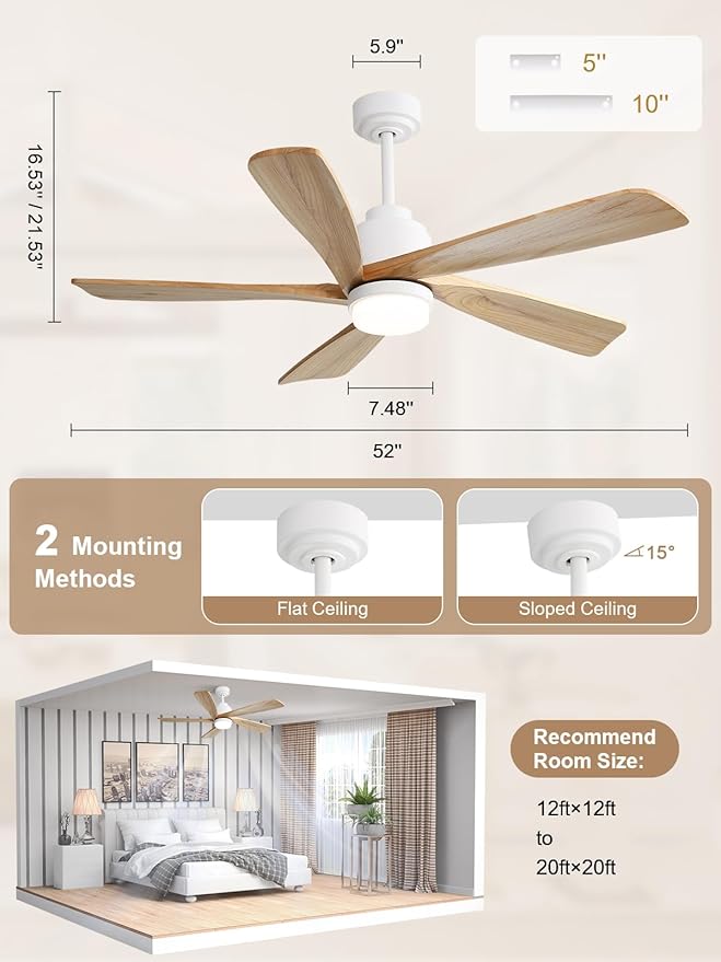 Sofucor Ceiling Fan with Lights and Remote, 52 Inch Modern Wood Ceiling Fan for Indoor Farmhouse Bedroom Living Room Outdoor Patio Porch (Natural Wood, 52 IN)