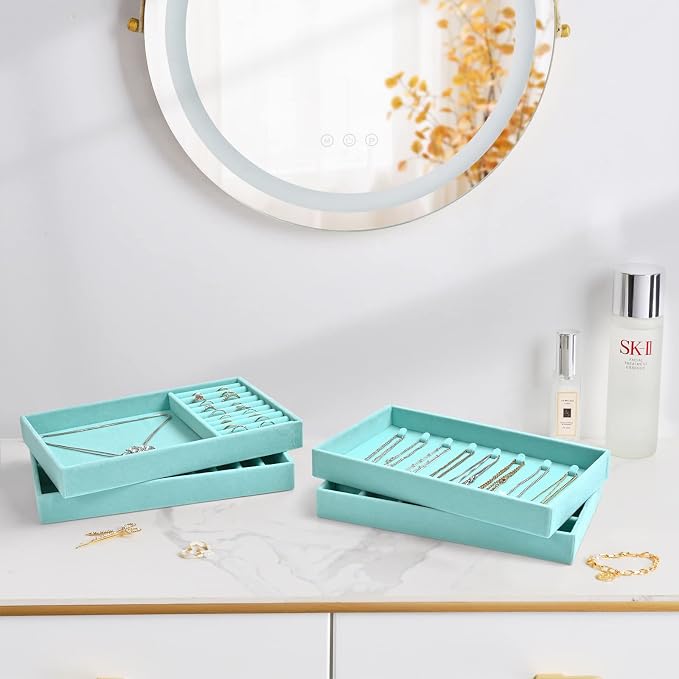 ProCase Stackable Jewelry Organizer Trays for Drawers, Jewelry Drawer Inserts Container Display Case Storage for Earring Necklace Rings Bracelet with Removable Dividers -Blue, 4 Layers