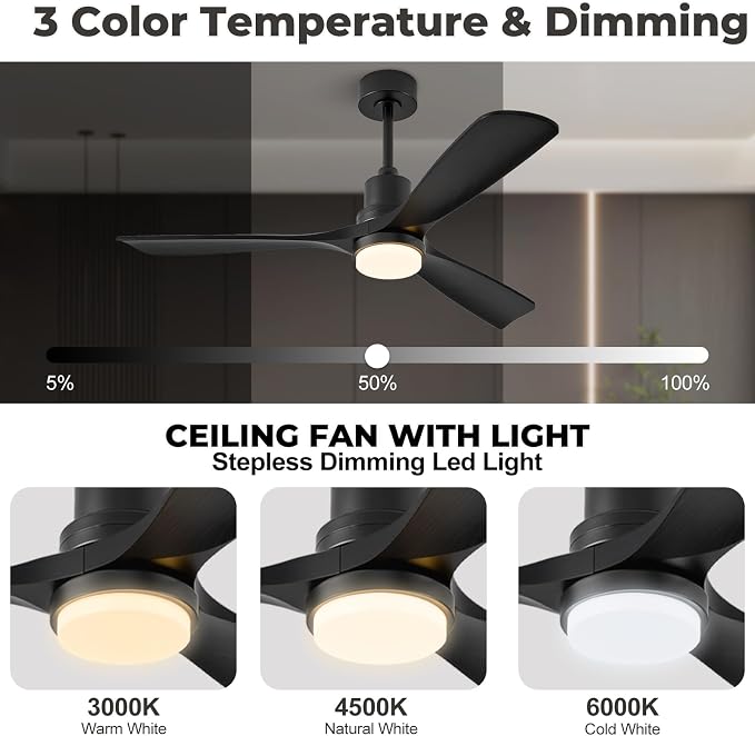 60 inch Smart Ceiling Fan with Lights,Outdoor Ceiling Fan 3 Wood Blades Compatible with Alexa/Gg Voice Control&App&Remote,Quiet DC Motor for Covered Patio Porch Bedroom,Black