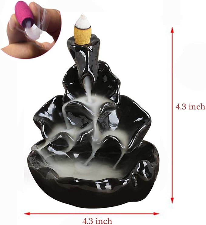 Waterfall Incense Burner Backflow Ceramic Inscents Cone Stick Holder with 10 Cool Back Flow Cones Incent Set