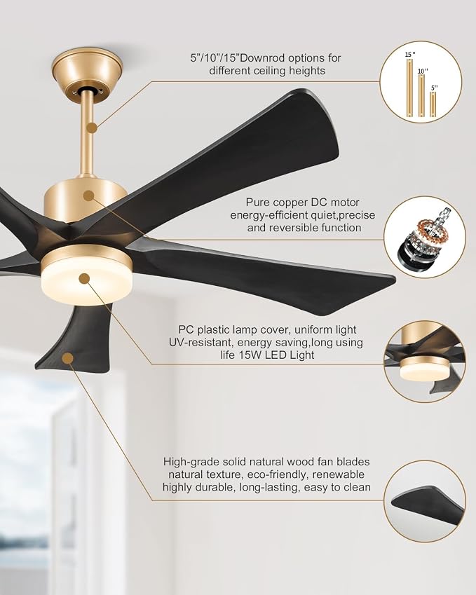 52" Black and Gold Ceiling Fan with Lights and Remote, Outdoor Ceiling Fan for Patios, USA Original Patent, ETL Listed, 5 Blade, 3 Downrods, 6 Speeds Reversible DC Motor Fan, 52", Gold Black