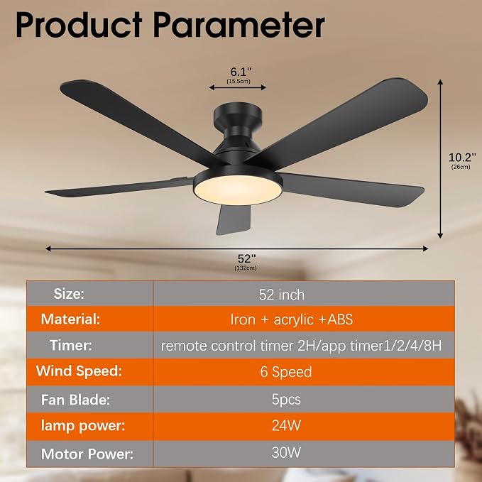 Ceiling Fans with Lights, 52 inch Low Profile Ceiling Fan with Light, Remote/App Control, Flush Mount Black Ceiling Fan for Bedroom, Indoor/Outdoor