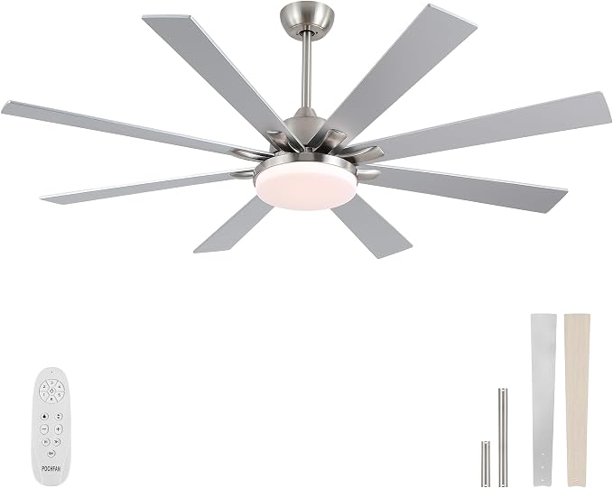 POCHFAN 62 Inch Ceiling Fans with Lights,Large Modern Ceiling fan with Remote and 8 Wooden Blades,Dimmable,6 Speeds,Noiseless Reversible Indoor&Outdoor Fan for Bedroom,Patio,Living Room