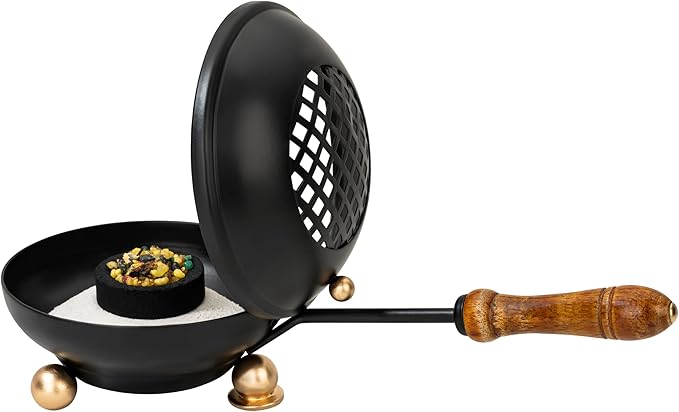 Large Smoking pan [Diameter 4.33 inch, Length Approx. 9.84 inch], Made of Iron, matt Black, with Removable Sieve and Wooden Handle