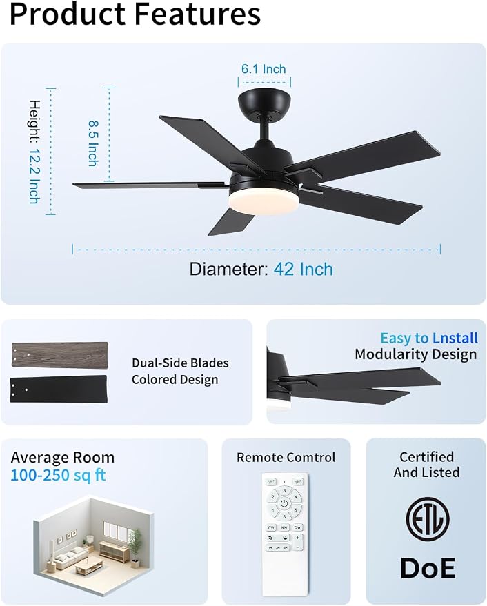 Rayqueen 42 Inch Black Ceiling Fans with Lights and Remote,Includes Downrod | 6 Speed Reversible DC motor,3-color temperature dimmable LED.For indoor/covered outdoor.Modern style for bedroom room