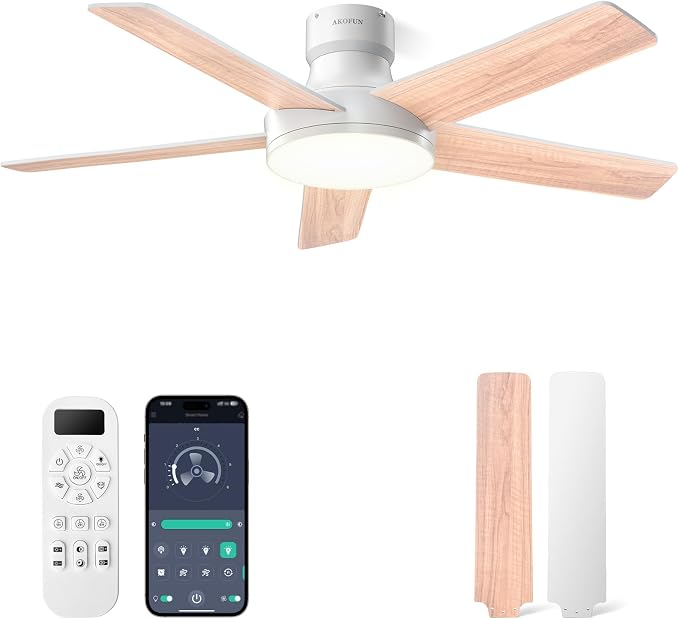 AKOFUN Ceiling Fans with Lights and Remote, Low Profile Ceiling Fan with Light, 6 Speed, Dimmable, DC Motor, Quiet, Timer, Modern LED Ceiling Fan for Bedroom Living Room 44 inch, White