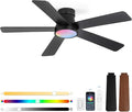 48 Inch Ceiling Fans with Lights and Remote,Outdoor Indoor Modern Flush Mount Ceiling Fan with 3CCT 6-Speed Quiet DC Motor,Small Low Profile Ceiling Fan for Bedroom Living Room Office（Black RGB)