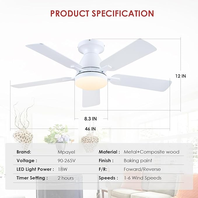 Mpayel 46 Inch Ceiling Fans with Lights and Remote, White Ceiling Fan with Light Flush Mount, Low Noise, Reversible, Dimmable, Modern Low Profile Ceiling Fan with Light for Bedroom Indoor Outdoor