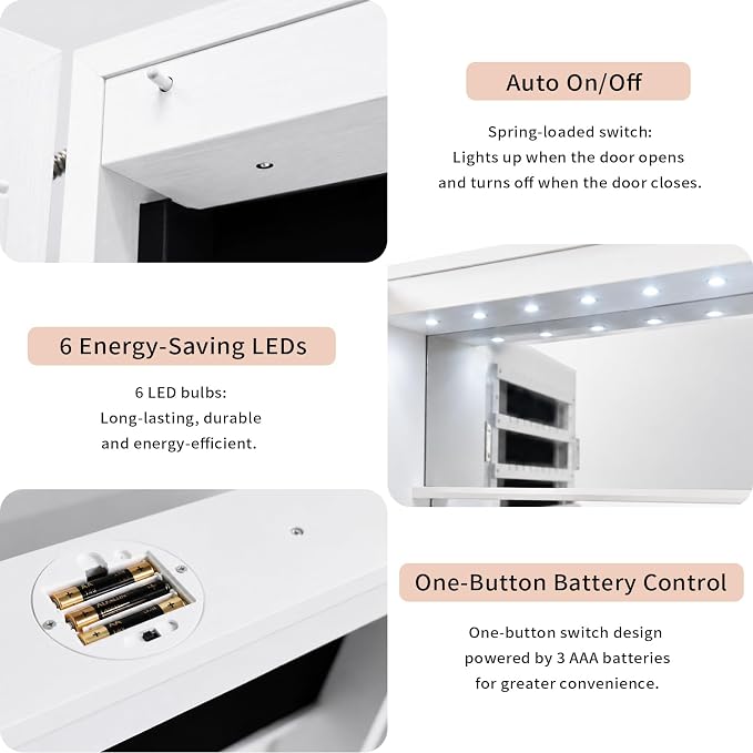 Over the Door Jewelry Organizer, Wall Mounted Jewelry Cabinet, Hanging Mirror with Storage Box, Wall/Door Mounted Full Length Mirror with LED