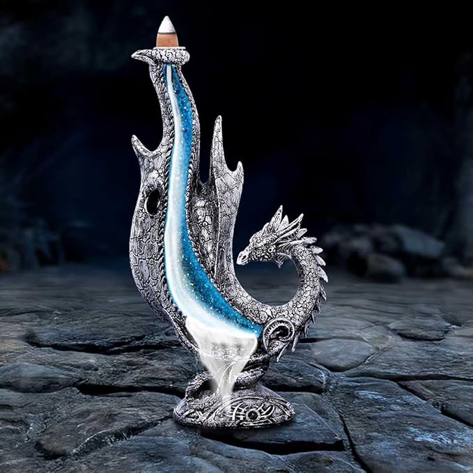 Nemesis Now Dragon Incense Burner - 24 cm Incense Backflow Waterfall - Mythic Decor for Collectors & Fans - Rune Base & Metallic Silver Dragon