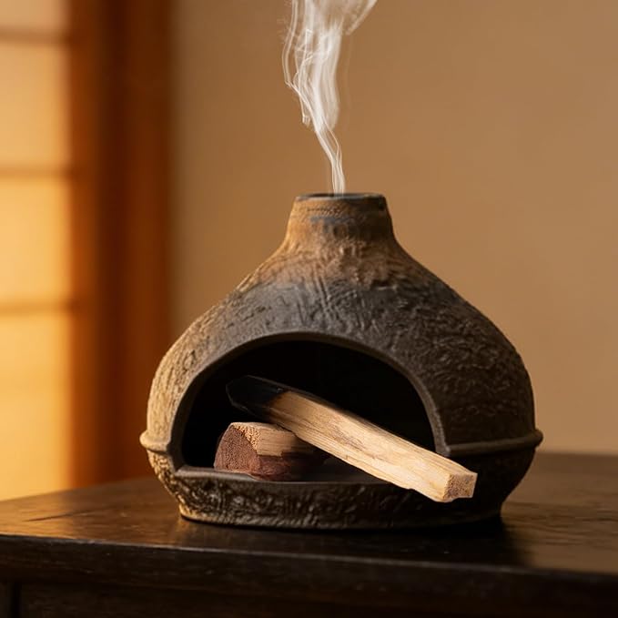Palo Santo Holder Incense Burner-Zongzi Clay Smudge Bowl with Chimney, Mini Ceramic Fireplace for sage、Cone Burning (Handmade - B)
