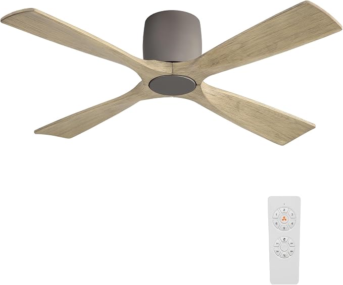 WINGBO 54 Inch Ceiling Fan Without Light, Solid Wood Flush Mount Ceiling Fan with Remote Control, Reversible Quiet DC Motor, 4 Blades,6-Speed, for Bedroom & Living Room, Graphite Finish +Gray Blade