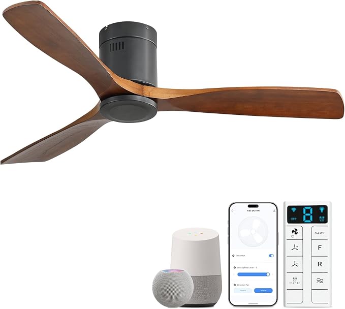 Sofucor 52 Inch Smart Ceiling Fan Without Lights Flush Mount Solid Wood Ceiling Fan with Alexa/Google Assistant/APP/Remote Control-Modern Outdoor Ceiling Fans No Light for Bedroom/Patio, Brown Black