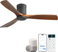 Sofucor 52 Inch Smart Ceiling Fan Without Lights Flush Mount Solid Wood Ceiling Fan with Alexa/Google Assistant/APP/Remote Control-Modern Outdoor Ceiling Fans No Light for Bedroom/Patio, Brown Black
