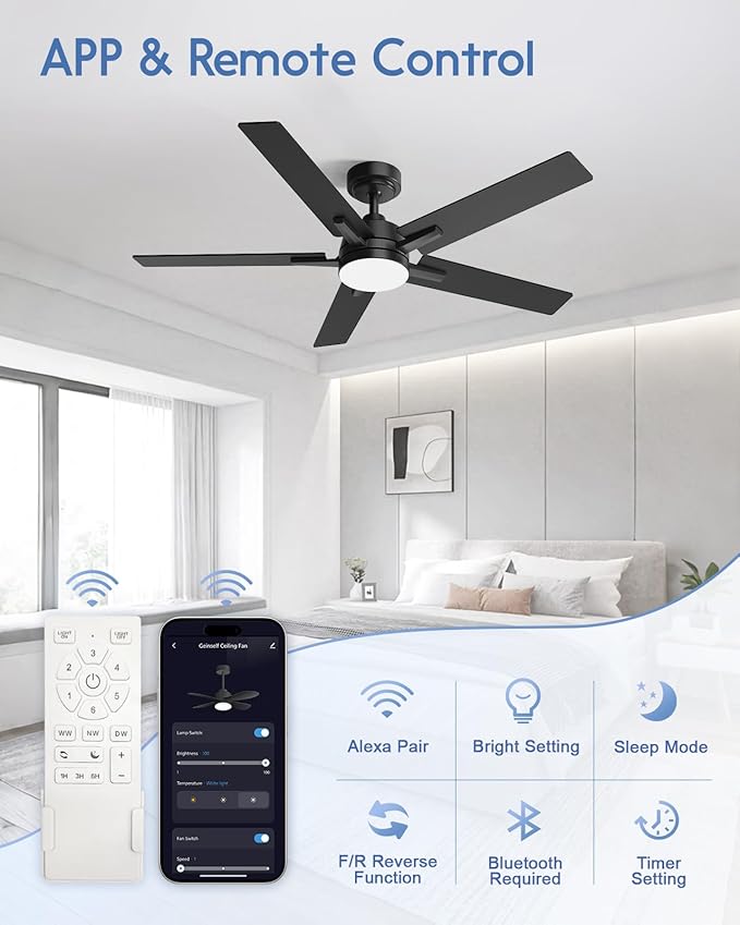 52 Inch Smart Ceiling Fans with Lights, Compatible with Alexa/Remote/APP, Downrod Mount, Reversible DC Motor, High CFM, 5 Blades, 6 Speeds, 3CCT, Dimmable, for Bedroom, Living Room, Black
