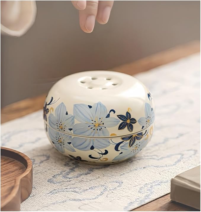 Blue Ceramic Incense Burner - Lily Flower Pattern insence Holder for Frankincense, Bakhoor, Charcoal, Stick, Powder, Cone, Coil, and Tower Incense