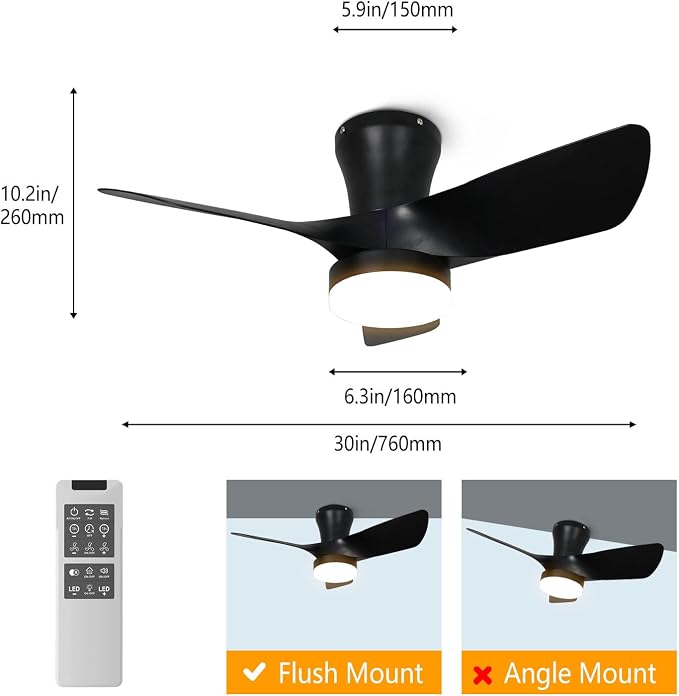OPONL Ceiling Fan with Light, Ceiling fan with Light and Remote Control, Reversible, 6CCT, Dimmable, Noiseless, Ceiling Fan for Bedroom, Indoor/Outdoor Use, Black, 30 inch, Modern
