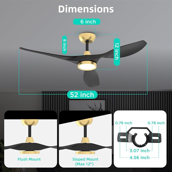 Roomratv Ceiling Fans with Lights and Remote Control,Quiet Noiseless Reversible DC Motor,6 Speeds,Timers, 3 CCT, Indoor Use, Plastic Blades,52 Inch Black and Gold Modern Ceiling Fan for Living Room