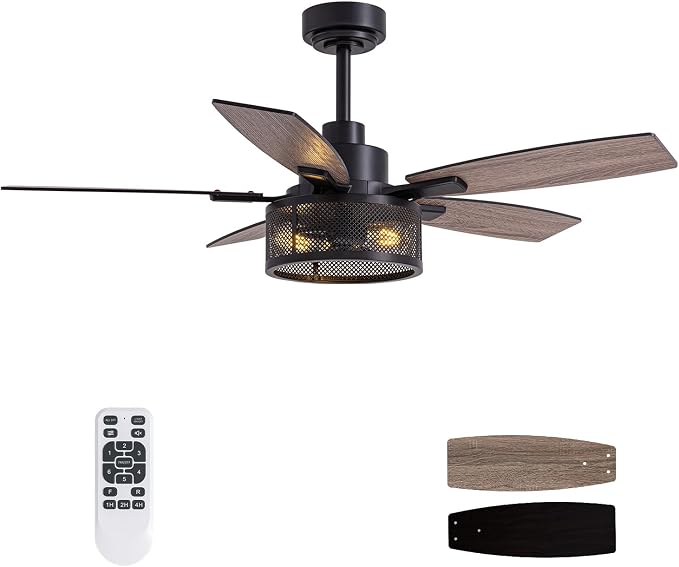 LuminFan 46 Inch Ceiling Fans with Lights and Remote Control, Farmhouse Ceiling Fan for Bedroom Living Room and Patio, Black Caged Ceiling Fan for Indoor and Outdoor