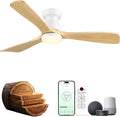 52 inch Smart Flush Mount Ceiling Fan with Lights,Outdoor Low Profile Wood Ceiling Fan with lights Works with App&Alexa/Gg Voice Control&Remote,Quiet DC Motor for Covered Patio Porch,Nature Wood