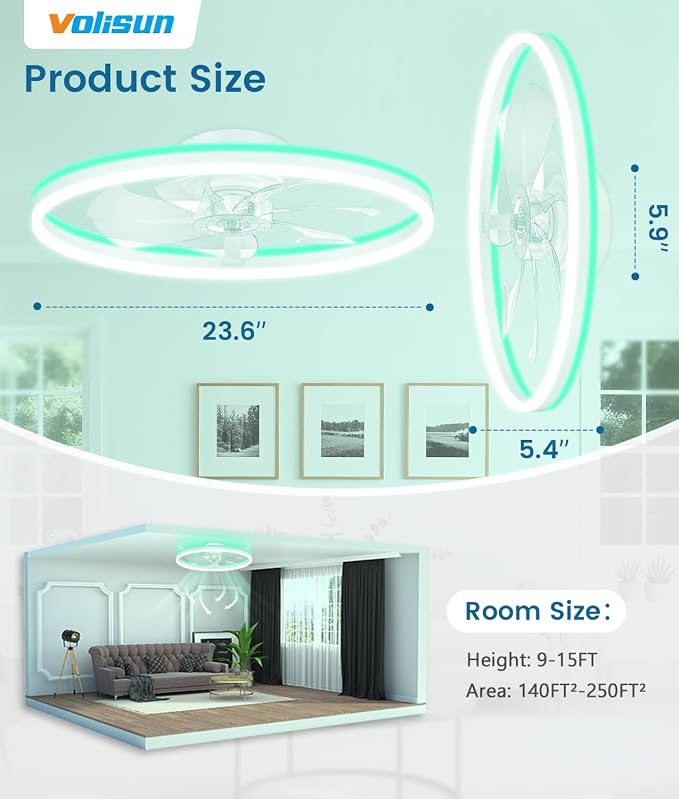 VOLISUN RGB Ceiling Fans with Lights and Remote, 23.6in Low Profile Ceiling Fans with Lights Flush Mount, 3000K-6500K Dimmable Fandelier LED Fan Light, White Bladeless Ceiling Fans for Bedroom