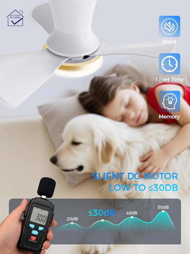 LANMEL 22 Inch Flush Mount Ceiling Fan with Light and Remote, Low Profile Modern Ceiling Fan, 6 Speed, Reversible, 3000k-6500k Dimmable LED, Quiet DC Motor for Indoor Outdoor, White Gold