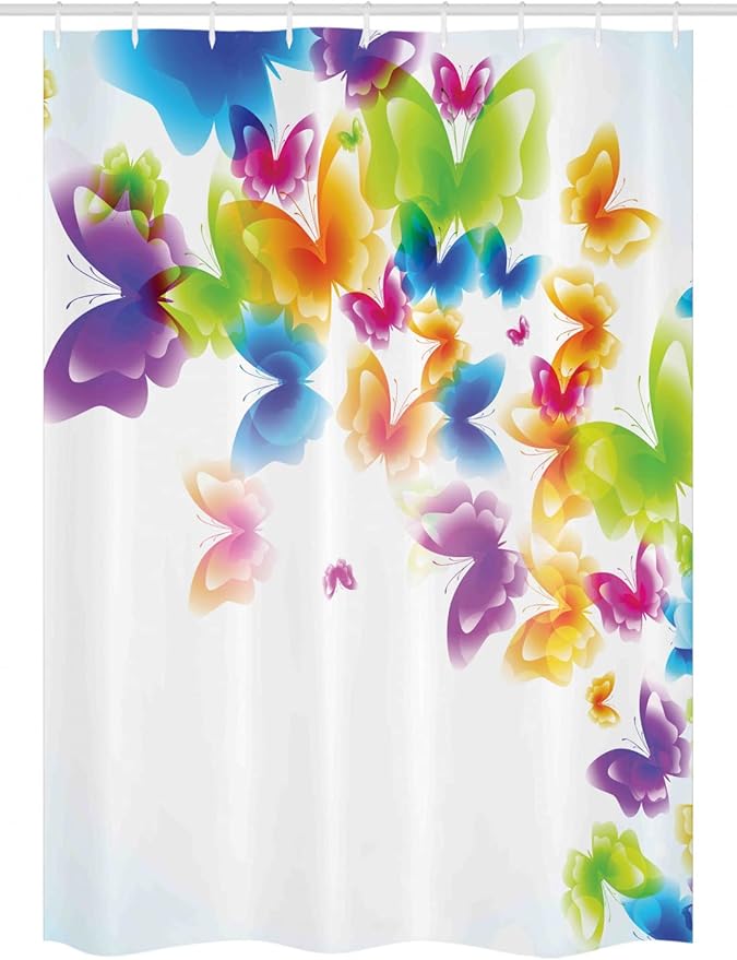 Ambesonne Butterfly Stall Shower Curtain, Group of Butterflies Band in Radiant Rainbow Colors Hope Summer Garden Art Print, Fabric Bathroom Decor Set with Hooks, 54" W x 78" L, Green Yellow