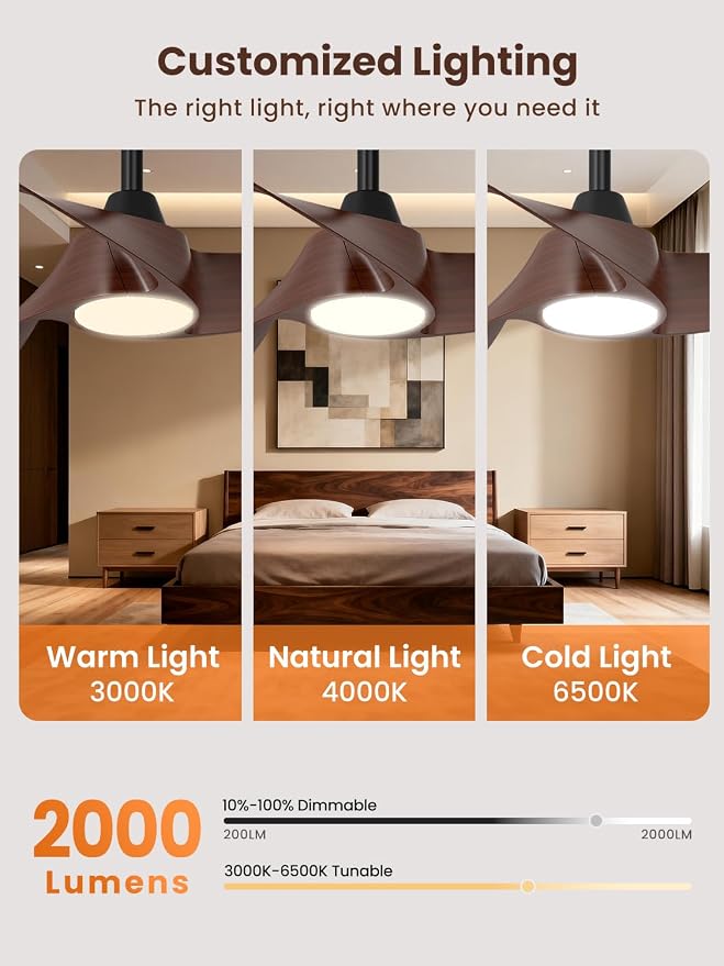 TALOYA 52 inch Modern Ceiling fan with Light, 3 Blades Ceiling Fans with Lights and remote, 3000K-6500K, Dimmable, Quiet, Outdoor Ceiling fan For Living Room, Bedroom, Patio, Farmhouse, Dark Walmut
