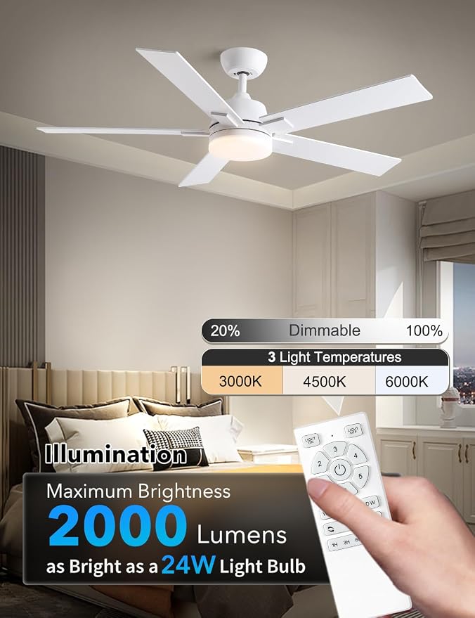 Rayqueen 52 Inch White Ceiling Fans with Lights and Remote,Includes Downrod | 6 Speed Reversible DC motor,3-color temperature dimmable LED.For indoor/covered outdoor.Modern style for bedroom room